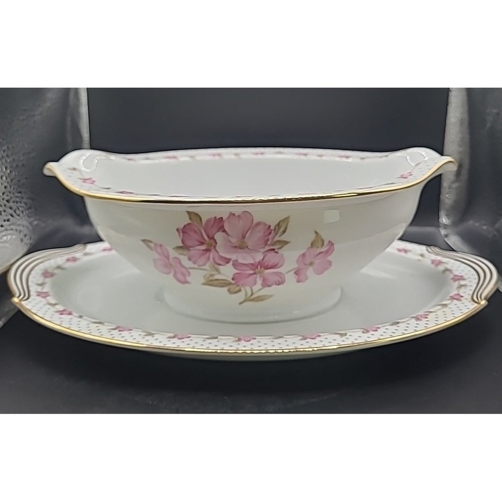 Vintage Noritake Elaine 5210 Gravy Boat Underplate Pink Floral Gold Trim